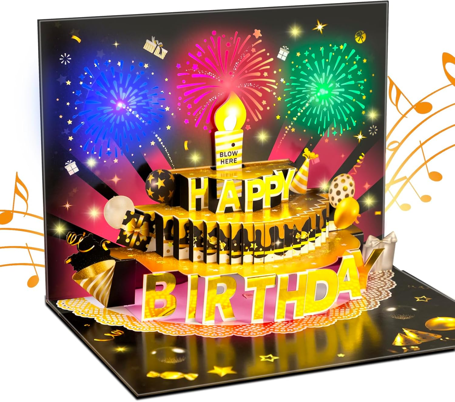 3D Pop Up Fireworks Birthday Cards, Blowable Cake Birthday Card with ...