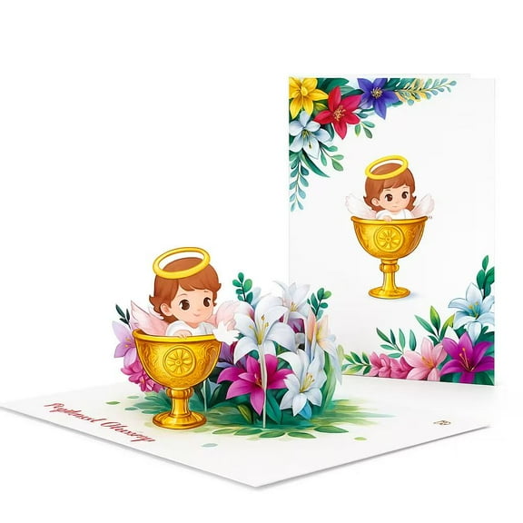 3D Pop Up Baptism Greeting Card – Angel Baby Girl – Handcrafted Religious Blessing Card with Envelope – For Christening, Baby Shower, Godparents Gift