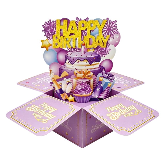 3D Pop Up Birthday Card, Purple Gold Happy Birthday Greeting Card, 3D Birthday Gift Card with Cake Balloon Design, Pop Up Card for Women Birthday