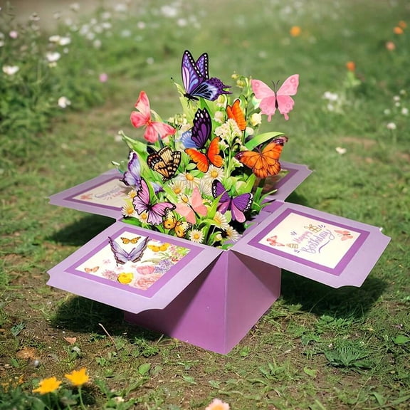 3D Pop-Up Butterfly Flower Birthday Card, Purple Butterfly Greeting Card with Envelope, 3D Flower Box for Friends, Party Gift