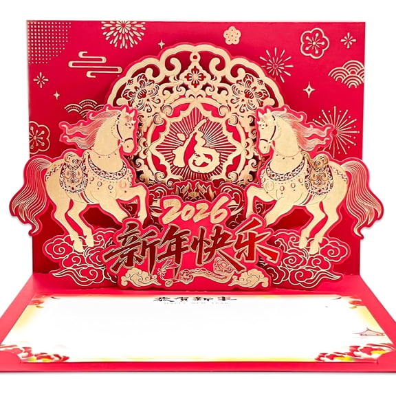 3D Pop-Up Chinese New Year Card & Decorations 2026 - Year of The Horse - Handmade Lunar New Year Greeting Cards with Envelope, Unique Spring Festival Gifts for Family & Friends