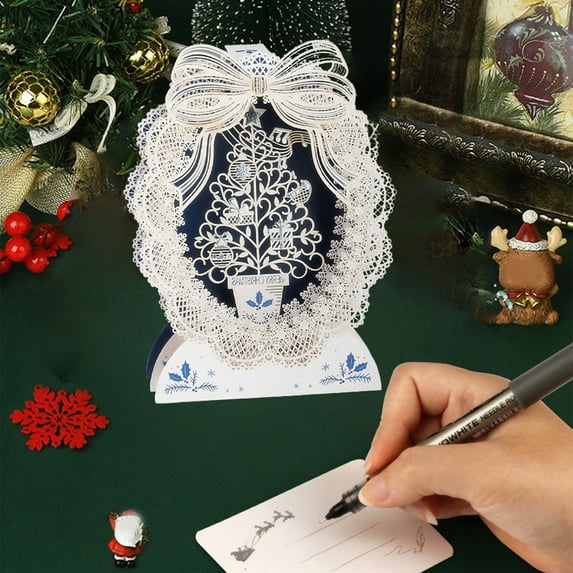 3D Christmas Cards Set,Laser Cut Holiday Greeting Cards with Winter Village Scene,White and Gold,4 Designs