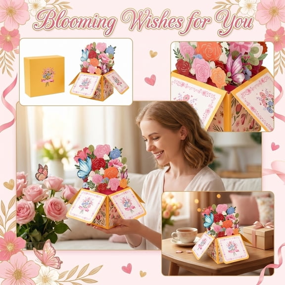 3D Pop-Up Greeting Card Mother's Day Pink Bouquet Birthday Card Thank You Blessing Card for Festival Gift