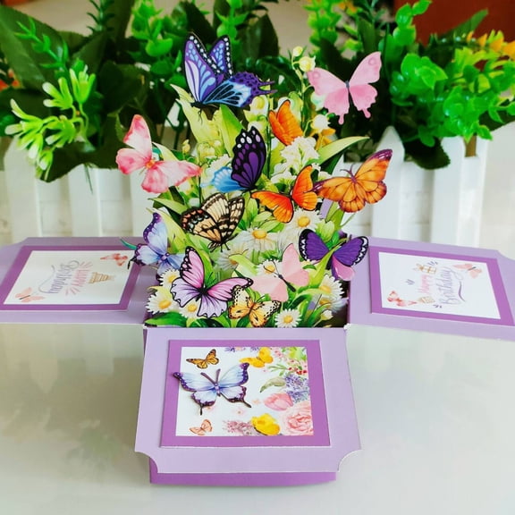 3D Pop Up Happy Birthday Card, Butterfly Bouquet Gift Box Greeting Card for Family Friends, Purple Pop-up Birthday Celebration Card