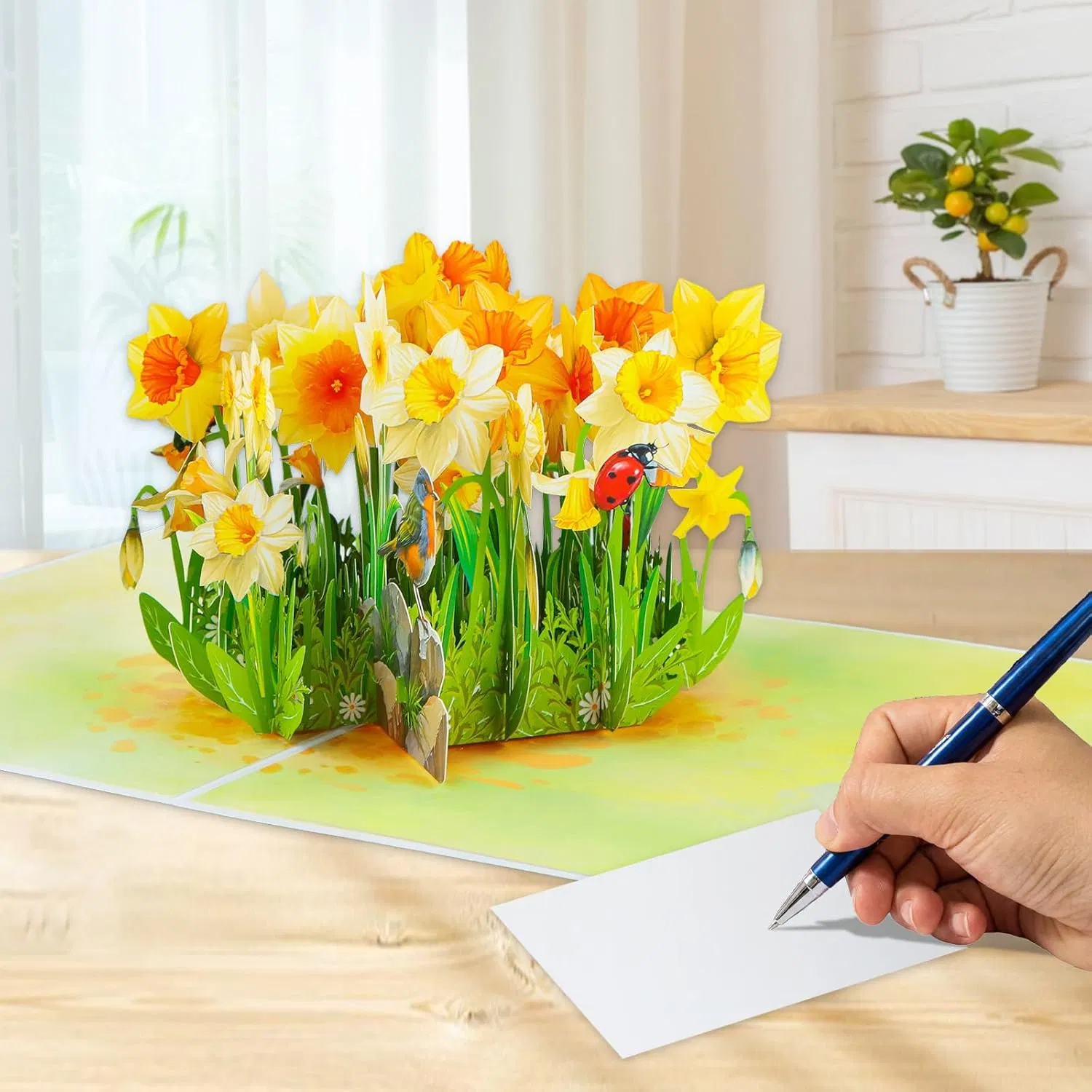 3D Pop-Up Mother’s Day Card, Daffodil Flower Greeting Card with Pearlescent Envelope & Blank Insert