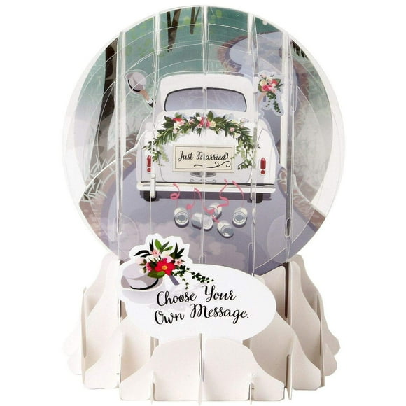 Up With Paper White Car Decorated with Just Married Sign 5-Inch 3D Pop-Up Snow Globe Congratulations Wedding Card