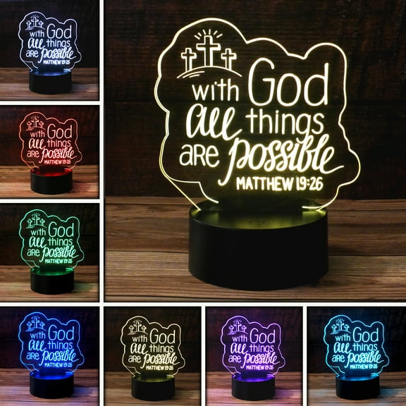 3D All Is Possible with God Desk Light, 7 Color LED Base Lamp with USB, Battery, and a Touch control Rotating Fade or Solid Color mode. A perfect Nightlight for Kids or a unique gift for any age.