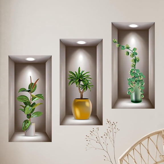 3D Potted Plants Wall Stickers Set of 3 Green Plants Leaves Wall Decals Peel and Stick 3D Magic Wall Art Sticker for Living Room Bedroom Aisle Entrance Sofa Backdrop Yoga Room Home Decor