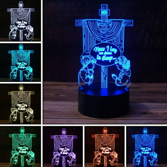 3D Praying Children w/ Holy Cross Night Light - 7 Color LED Lamp Base with USB, Battery & Touch control Rotating Fade, Solid Color mode Makes a perfect Nightlight for Kids or Unique Gift for any age