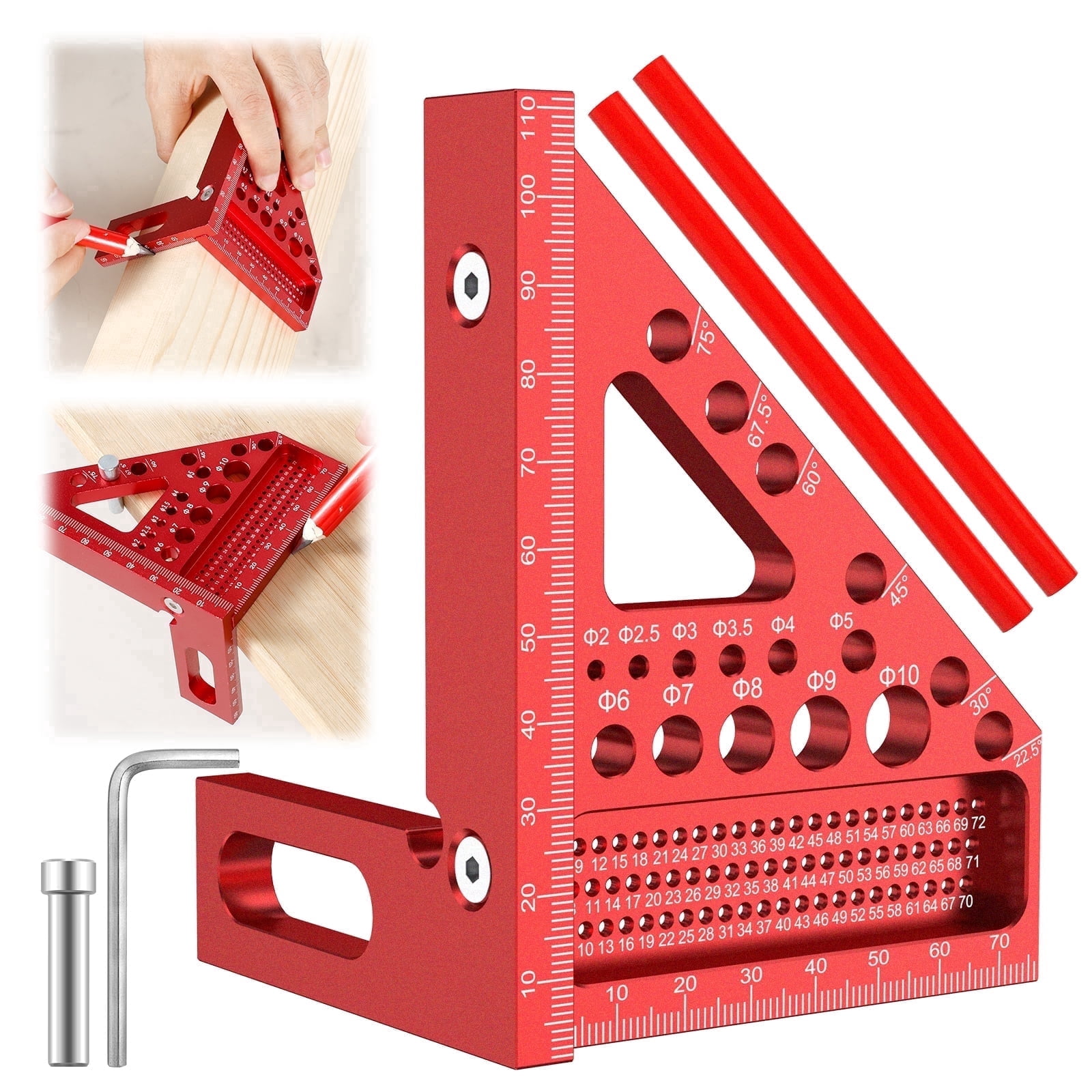3D Premium Carpenter Square Hole Scribing Ruler Woodworking Square 22.5 ...