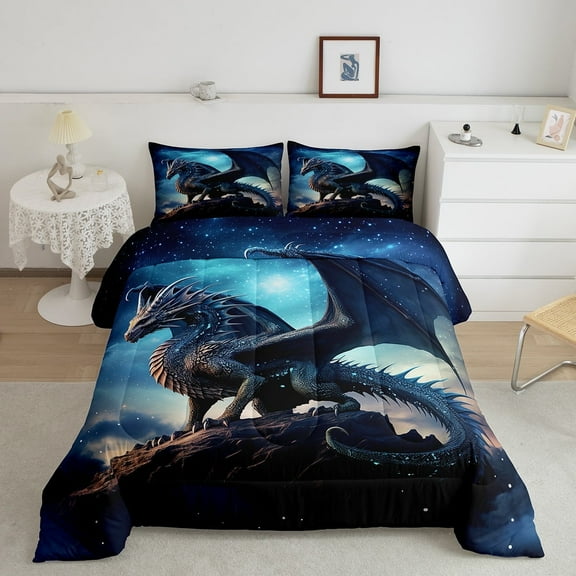 3D Print Dragon Comforter Set Full Size Magical Pterosaur Bedding Set, Magic Dinosaur Down Comforter Sparkling Stars Quilted Duvet, Psychedelic Galaxy Bed Set Soft 3pcs with 2 Pillow Case