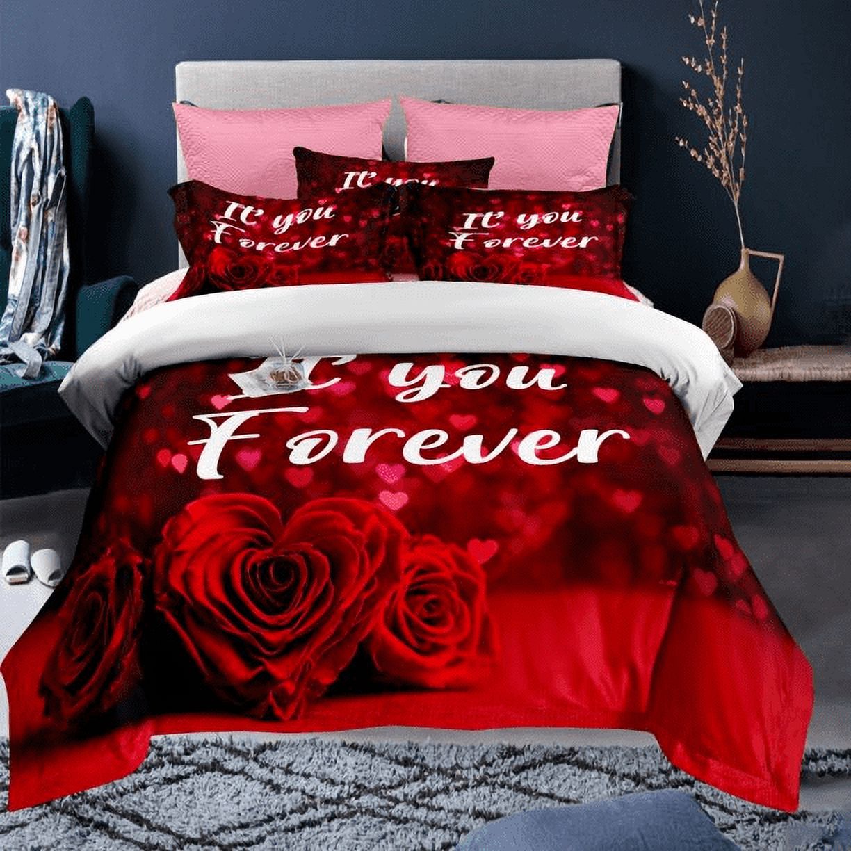 3D Print Love Heart Rose Flowers Pattern Bedding Sets Queen Size Comfy
