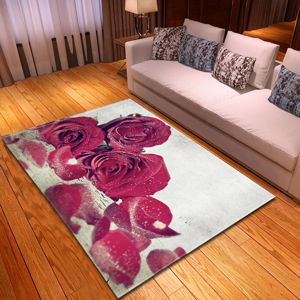 3D Print White Red Blue Rose Flower Pattern Carpet Living Room Rug Mat