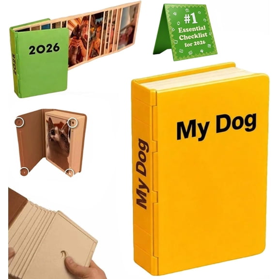 3D-Printable Sliding Photo Album, The Memory Cascade | DIY 12-Month Photo Calendar Holds 12 of 6 X 5 Inch Pictures with Magnetic Closure | Mini Keepsake Book, Gift for Family, Travel(Yellow,Dog)