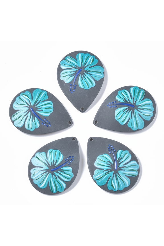 3D Printed Acrylic Pendants Teardrop with Flower Pattern Dark Gray 44x32.5x7mm Hole: 1.6mm