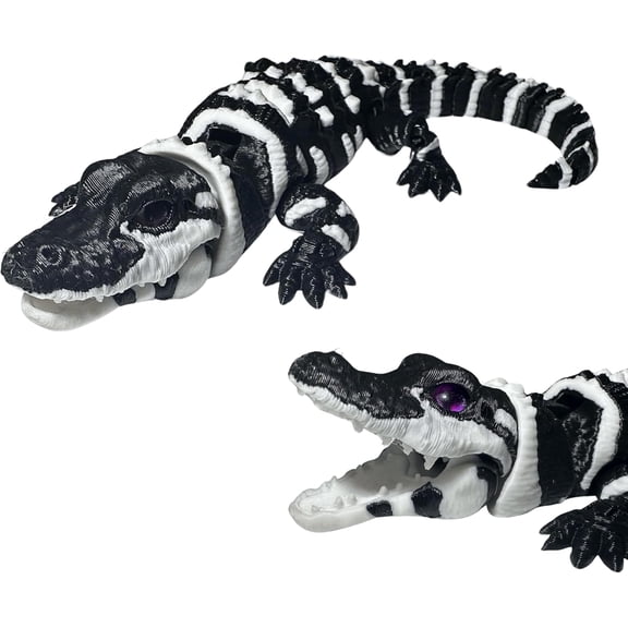 3D Printed Alligator, PLA 3D Printed Alligator Black White 3D Printed Animals Flexible Reptile Adults Home Office Desk Decoration - 9" Long