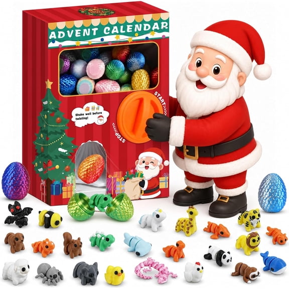 3D Printed Animal Christmas Advent Calendar 2026 - Interactive Christmas Vending Machine Toy with 24 Surprise Dragon Eggs & Articulated Mini Figures