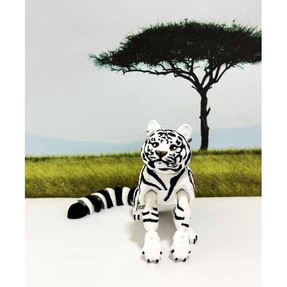 3D Printed Animal Creatures, 6 Inches White Articulated Tiger Fidget Animal for Home/Office Desk Decoration
