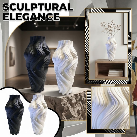 3D Printed Art Vase, Decorative Vase, 12inHeight, Black Wavy Finish, Floral ArrangementswithVase, Modern Home Decor, Living Room Display, 1 Pc