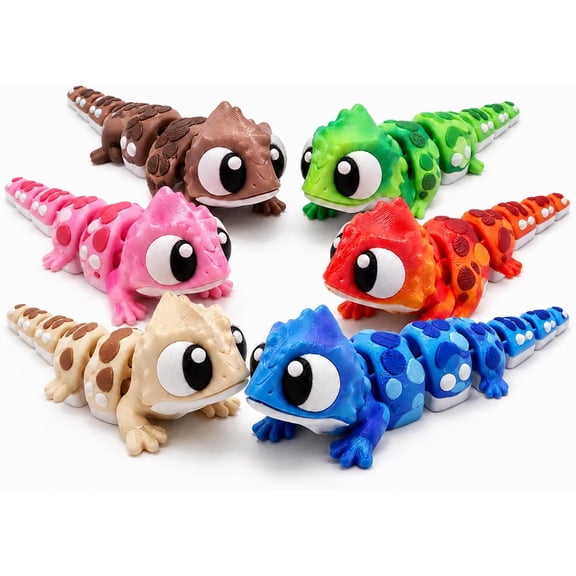 3D Printed Articulated Crested Gecko Figurine Set, Multicolor, PLA, 6 Piece Jointed Lizard Ornaments for Christmas, Birthday, and Anniversary, 3.5x1x4.5 Inches, Animal, Desk and Home Decor