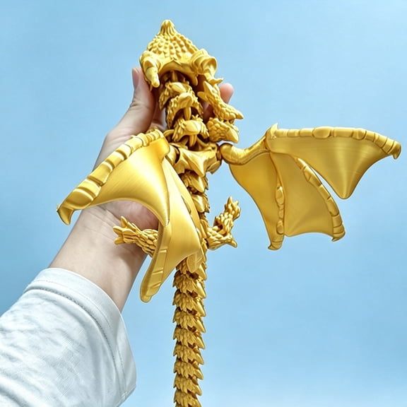 3D Printed Articulated Dragon with Wings  Flexible Winged Crystal Dragon Model, Desktop Pet Decor for Home Office, Unique Gift for Dragon Lovers,Silk Gold