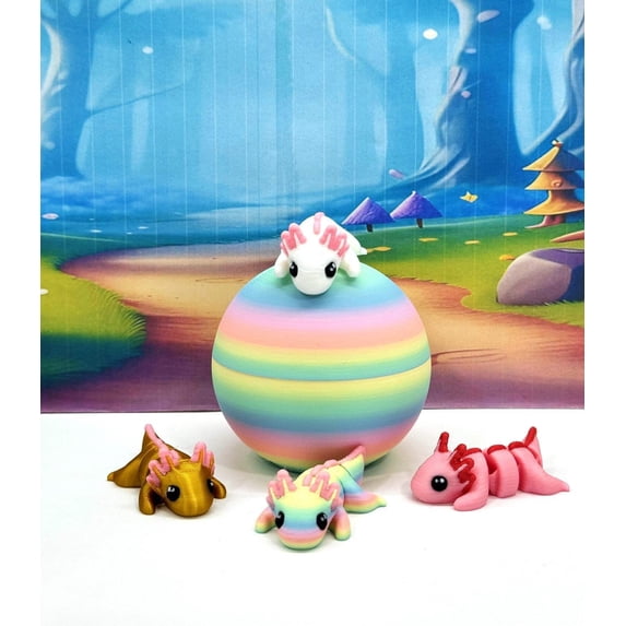 3D Printed Articulated Mini Axolotl with Egg, 4pcs Colorful Fidget Mini Axolotl Figures, Tiny Animal Figures, Birthday Party Decorations MA001-RE