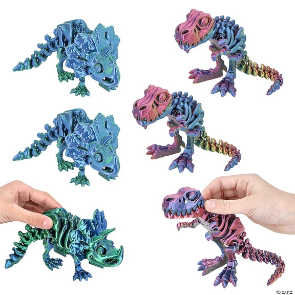 3D-Printed Articulated Plastic Fossil Dinosaurs Triceratops & T-Rex Assortment - 6 Pieces