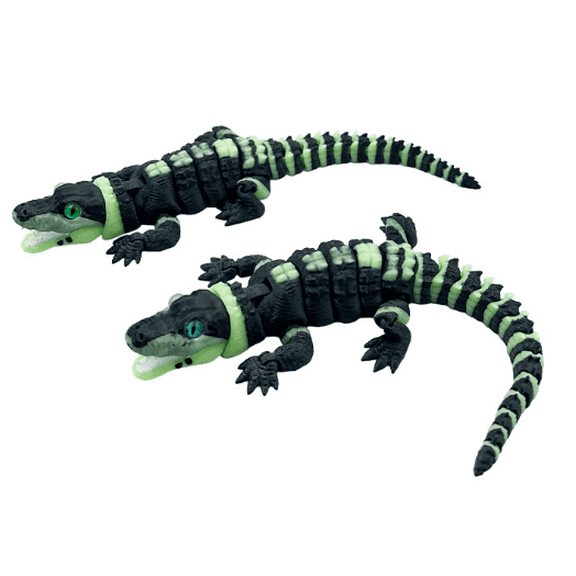 3D Printed Articulating Crocodile Figure Toy, Noctilucent Openable Mouth with Glass Eyes Flexible Joint Animal Statue for Desk Decor, Stress Relief Fidget Toys Gift for Hobby Lovers, 2 PCS