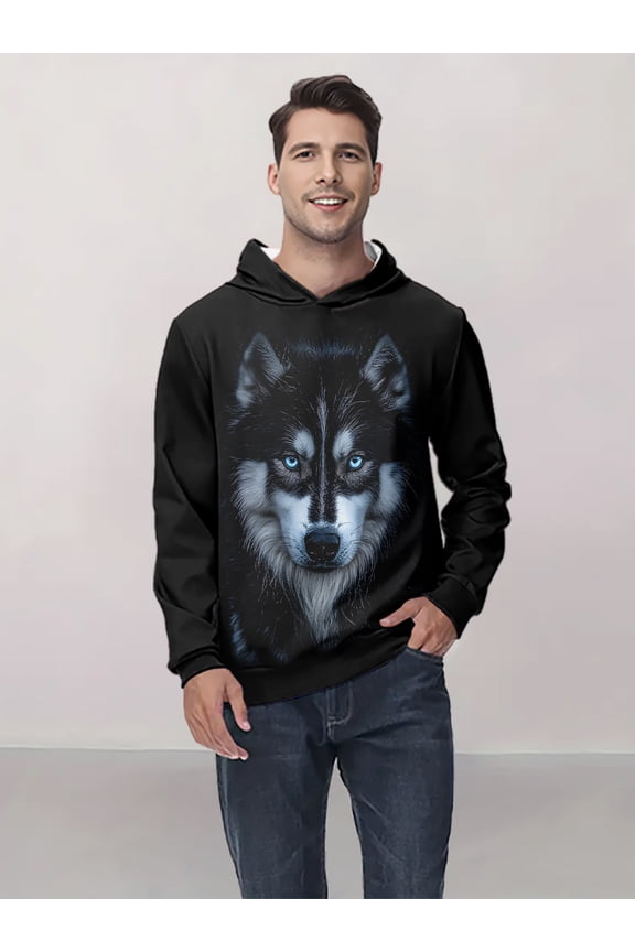 3D Printed Blue Eyed Wolf Pattern Hoodie for Men - Black Casual Long Sleeve Pullover, Regular Fit Spring/Autumn Machine Washable Outdoor Streetwear, Richly Detailed Wolf Pattern Sweatshirt