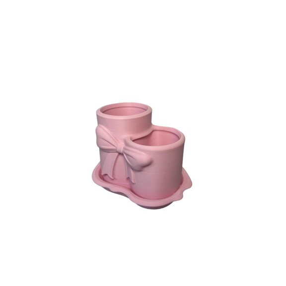 3D Printed Bow Double-Port Storage Bucket Makeup Brush Holder, Cute 3D printed bow storage bucket for makeup brushes and desk decor