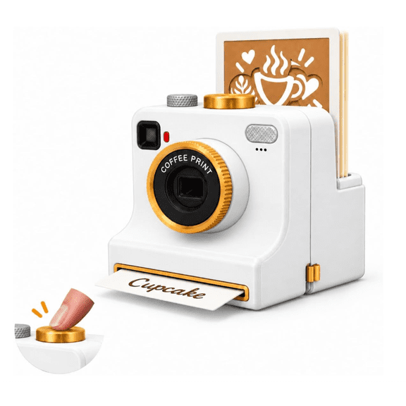 3D Printed Camera that Prints on Coffee Latte Art Stencil One Click Tool, Stencil Storage Slot On‑Device, Portable Coffee Art Tool for Home and Small Cafe Use-White