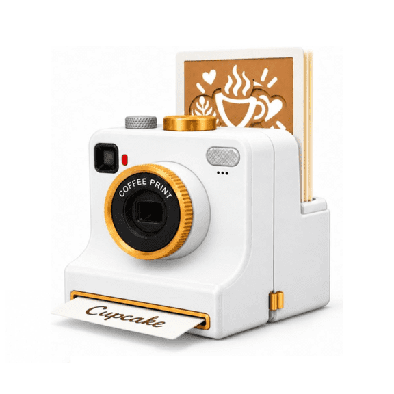 3D Printed Camera that Prints on Coffee Latte Art Stencil One Click Tool, Works on Latte, Cappuccino, Hot Cocoa & Desserts, Fun Novelty Beverage Pattern Maker-White