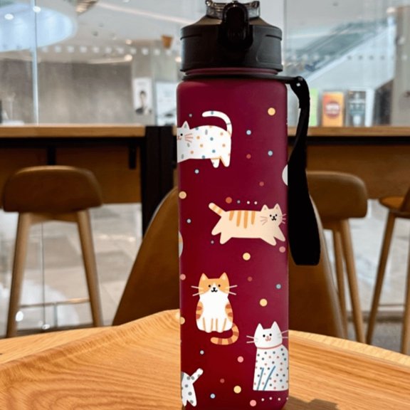 3D Printed Cute Cartoon Cat PVC-Free, Leak-Proof, Matte Finish 750ML Water Bottle,Includes Carry Loop Outdoor Activities