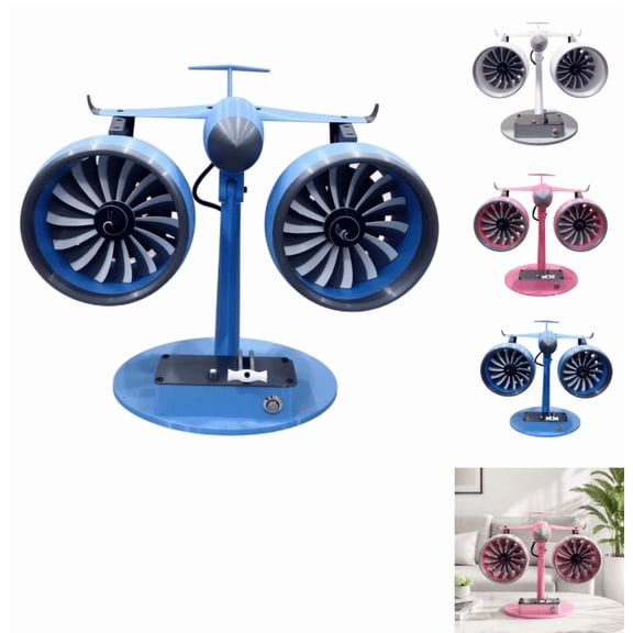 3D-Printed Desk Fan, Desktop Air Circulator Fan, Dual Turbo Portable Desk Fan with Airplane Engine Design, Quiet Twin Head Table Fan for Office Bedroom (Blue)