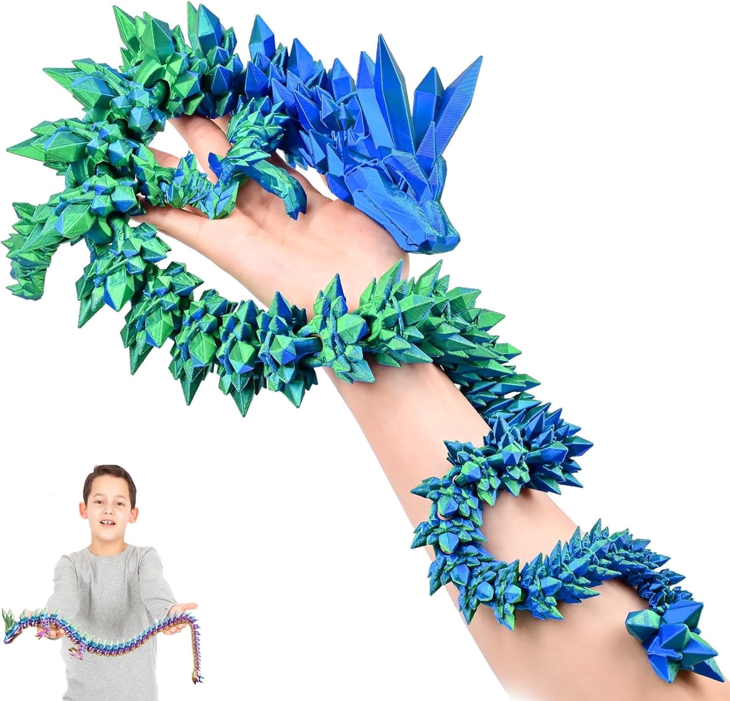 3D Printed Dragon - 30 inch Large Pearly Sheen Articulated Dragon, Mystery Easter Crystal Animals Fidget Toy(Blue Green)