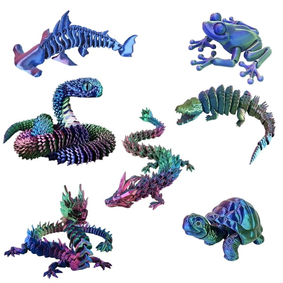 3D Printed Dragon, 3d Animals, for Office Desk Decor and Home Display, Set of 7 Includes Snake Crocodile Frog Shark Turtle,  Collectors and Enthusiasts