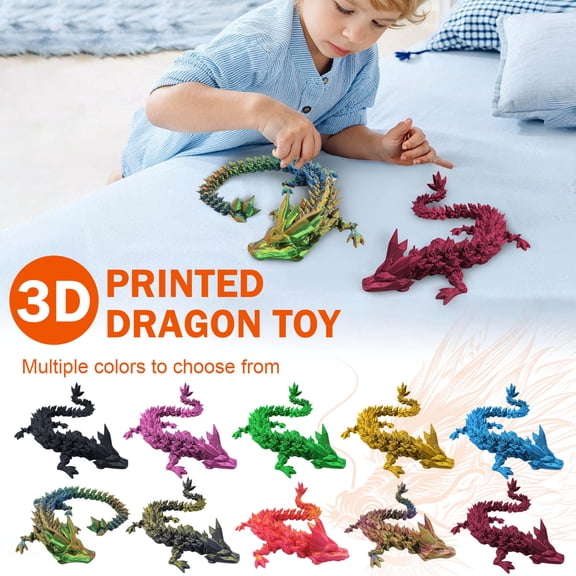 3D Printed Dragon Action Figures with Moving Joints, 3D Printed Crystal Dragon Toys Animal Figurines Home Decor for Birthday, (A-Flame Orrange, 11in)