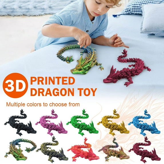 3D Printed Dragon Action Figures with Moving Joints, 3D Printed Crystal Dragon Toys Animal Figurines Home Decor for Birthday, (A-Flame Orrange, 11in)