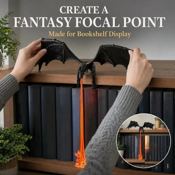3D Printed Dragon Bookshelf Corner Lamp, Battery Operated LED Fire Breathing Small Dragon Light for Shelf Nook Decor