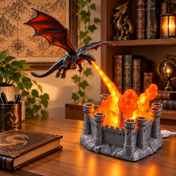 3D Printed Dragon Castle LED Lamp, 13.39-Inch USB-Powered Plastic Sculpture with Warm Flame Effect for Bookshelf and Desk Decor