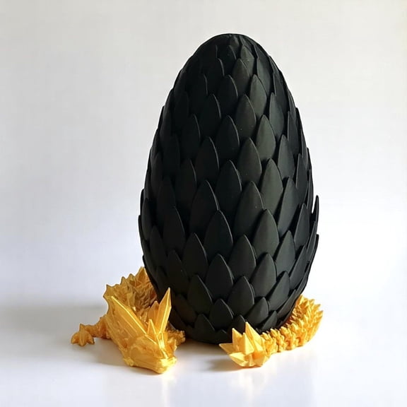 3D Printed Dragon Egg with Dragon - Black Egg with Gold Dragon - Large Flexible Fidget 3D Printed , Gift Bag Filler, Desk Decoration, Party Favor, (12 Inch Dragon)