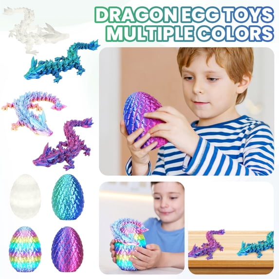 3D Printed Dragon Egg Gift Set - 4 Poseable Crystal Dragon Figurines with Moving Joints,Multi-Color Fantasy Toys for Collectors & Decor