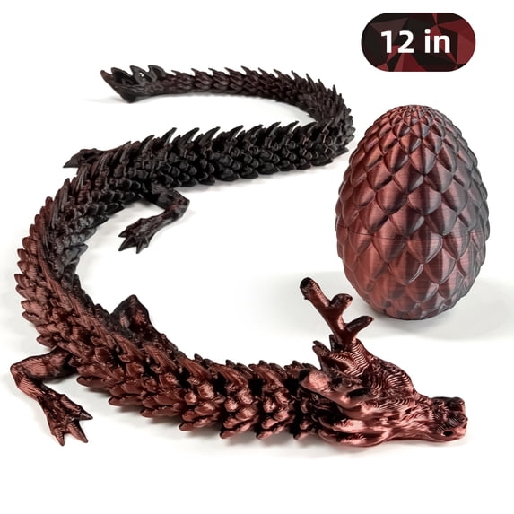 3D Printed Dragon Egg, Red Black 3D Printer Articulated Dragon Toy for Kids, 12 inch 3D Printed Easter Dragon ADHD Fidget Toys , Office Desk Figurine Decor