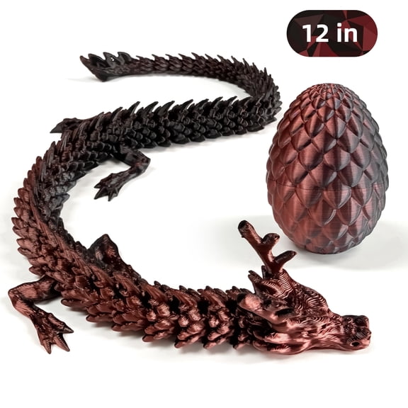3D Printed Dragon Egg, Red Black 3D Printer Articulated Dragon Toy for Kids, 12 inch 3D Printed Easter Dragon ADHD Fidget Toys , Office Desk Figurine Decor