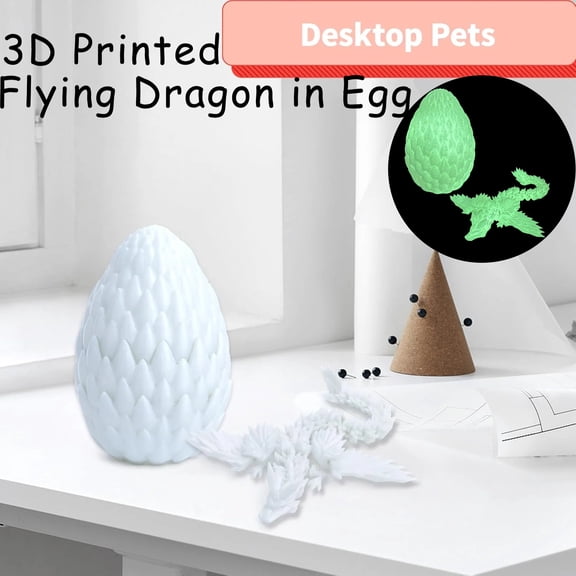 3D Printed Dragon Egg Set with Glow in the Dark Crystal Flying Dragon, Fully Articulated 3D Printed Animals for Desk Decor, Fantasy Mythical Creature Collectible for Adults