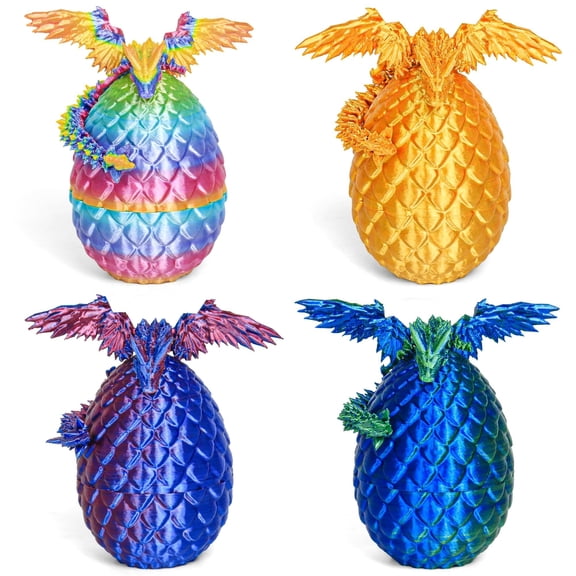 3D Printed Dragon Eggs with Dragon Inside, Easter Mystery Dragon Egg Articulated Crystal Dragon Fidget Surprise 3D Printed Dragon Egg with Wings Flying Animals Easter Basket Stuffers 4PCS