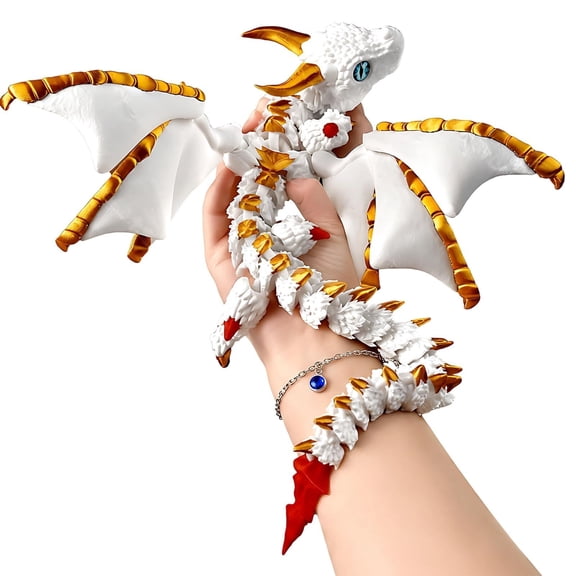 3D Printed Dragon Set, Large 30 cm, Animals Horned , in White Gold Red, Poseable Figure for Desk Decor
