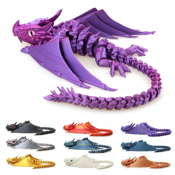 3D Printed Dragon with Wings, Fidget Dragon Toys, 3D Printed Animals, Flexible Articulated Winged Crystal Dragon Model,Home Office Decor Desktop Pet(Purple)