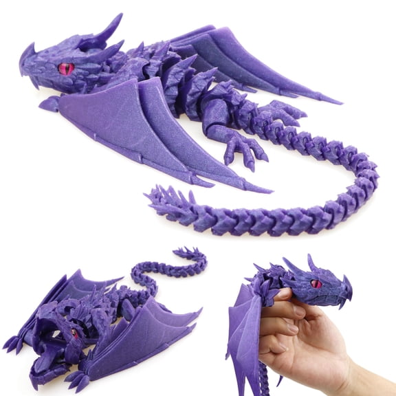 3D Printed Dragon with Wings, Fidget Dragon Toys, 3D Printed Animals, Flexible Articulated Winged Crystal Dragon Model,Home Office Decor Desktop Pet(Purple)