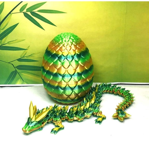 3D Printed Dragon with Egg, Articulated Yellow and Green Crystal Dragon, Fidget ADHD Dragon Toy - D026